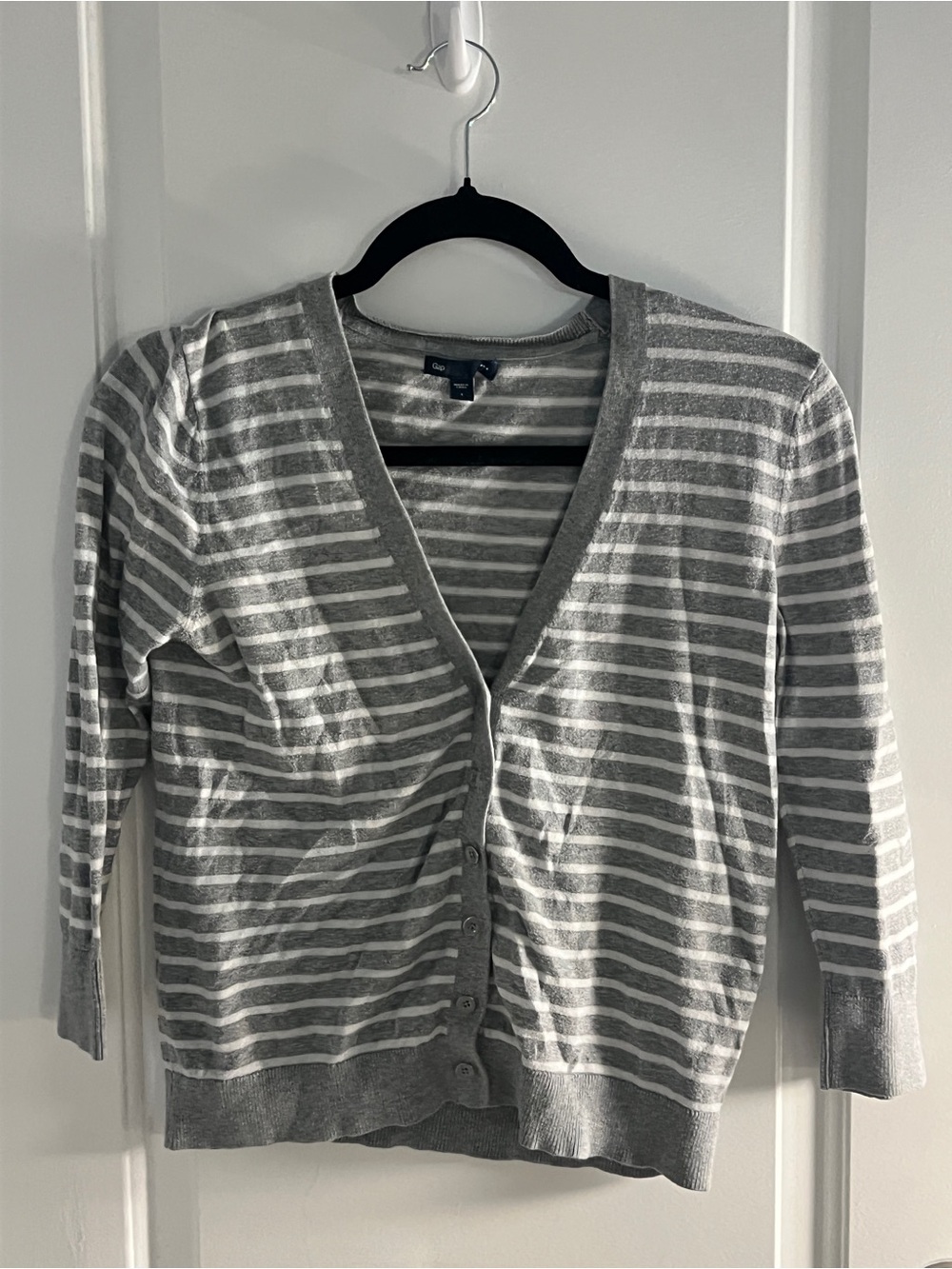GAP Gray and White Striped V-Neck Cardigan